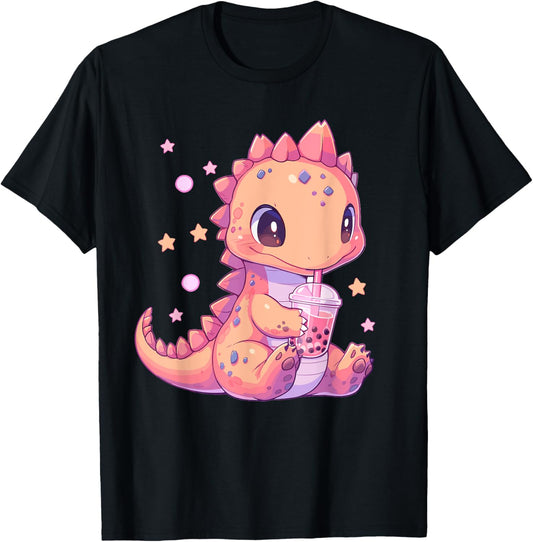 Cute Kawaii Anime Dinosaur Drinking Bubble Boba Tea Girls T-Shirt