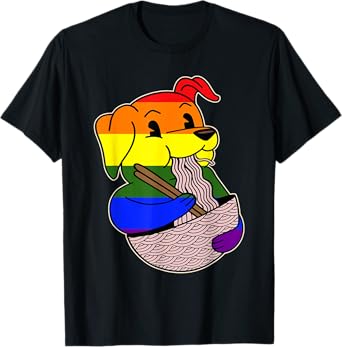 Dog Eating Ramen LGBT-Q Gay Pride Rainbow Flag Puppy Lover T-Shirt