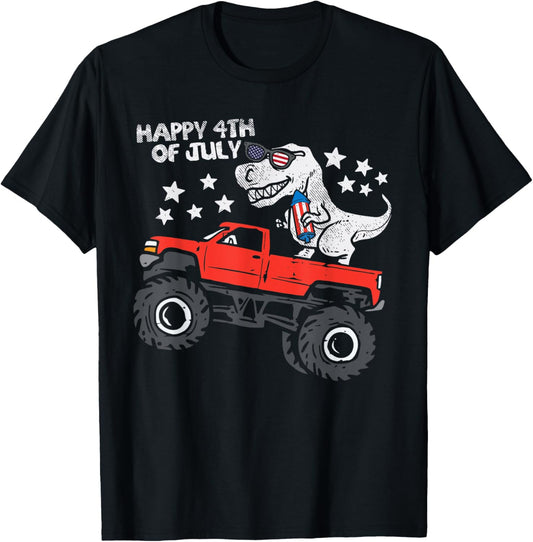 Happy 4th Of July Dinosaur Monster Truck Vintage Boys USA T-Shirt