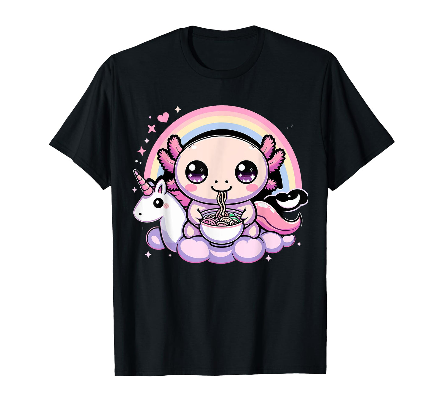 Axolotl eating Ramen with Unicorn T-Shirt