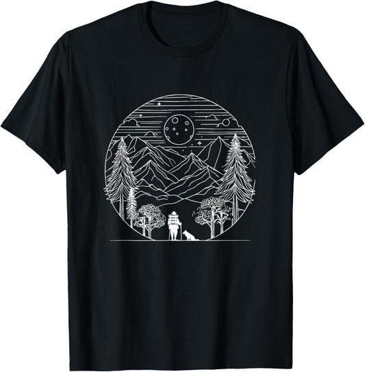 Wilderness Hiking Funny Mountain Night Scene Dog & Moon T-Shirt