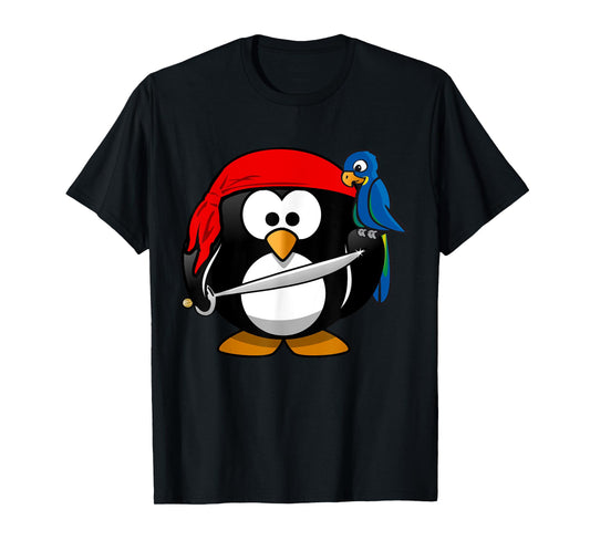 Cute Pirate Cartoon Penguin with Parrot T-Shirt T-Shirt