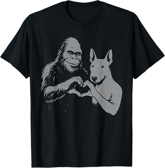 English Bull Terrier Bigfoot Sasquatch Heart Hand Sign Dog T-Shirt