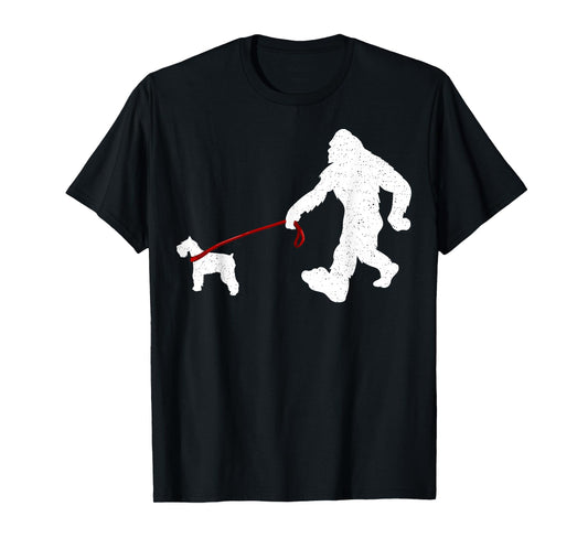 Funny Bigfoot Walking With Schnauzer Dog Gifts T-Shirt