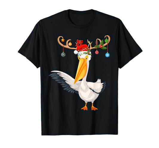 Pelican Bird Xmas Gift Reindeer Santa Hat Pelican Christmas T-Shirt