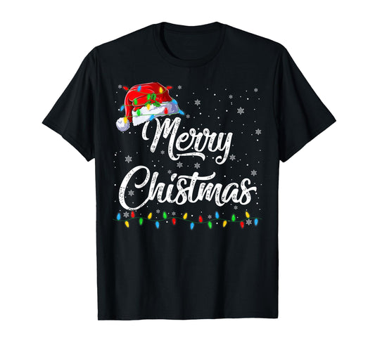 Merry Christmas Lights Santa Hat Xmas Family Men Women Kids T-Shirt