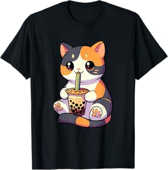Cat Drinking Boba Feline Japanese Pet Kawaii Boba Calico Cat T-Shirt for Men Women