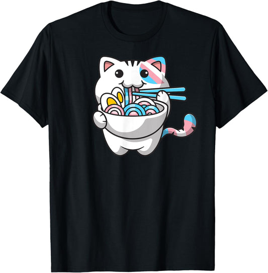 Transgender Pride Kawaii Cat Ramen Noodles Trans Flag T-Shirt