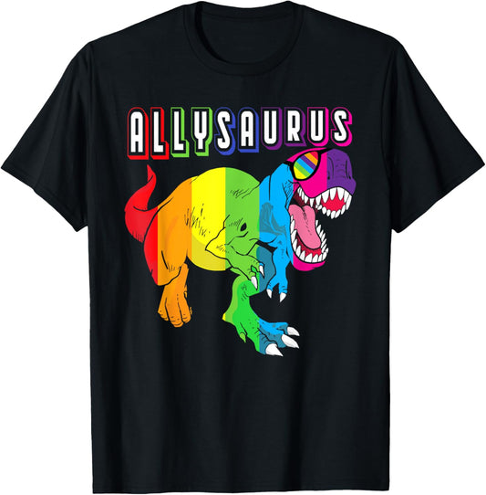 Dinosaur T Rex LGBT Gay Pride Flag Allysaurus Ally Men Boys T-Shirt