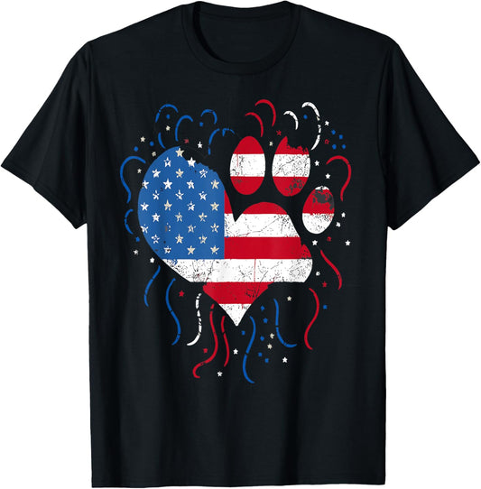 American Flag Patriotic Dog & Cat Paw Print - 4th Of July T-Shirt