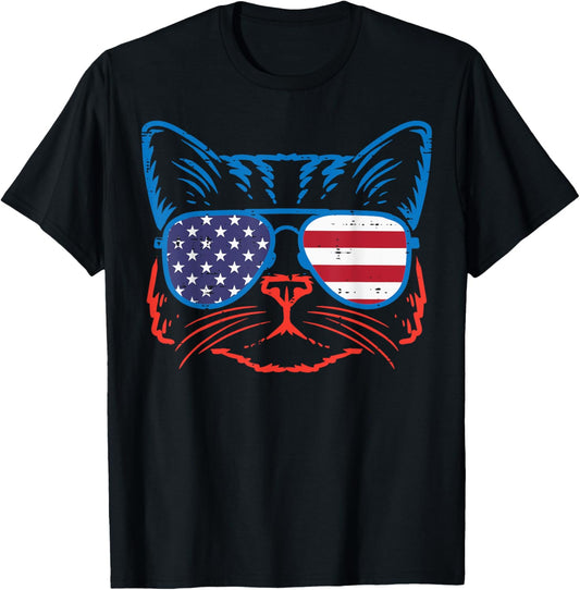 4th July Cat US Flag Sunglasses Patriot Women Girls Kids Men T-Shirt