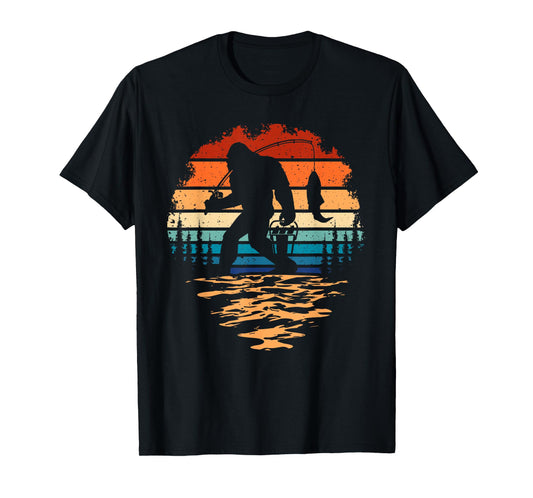 Bigfoot Fishing Funny Retro Sasquatch Dad Men Kids T-Shirt