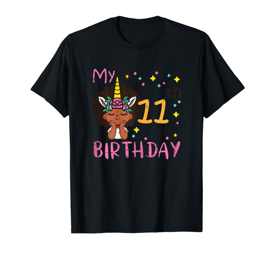 11th Birthday Afro Black Girl Unicorn 11 Year Old Bday Girls T-Shirt