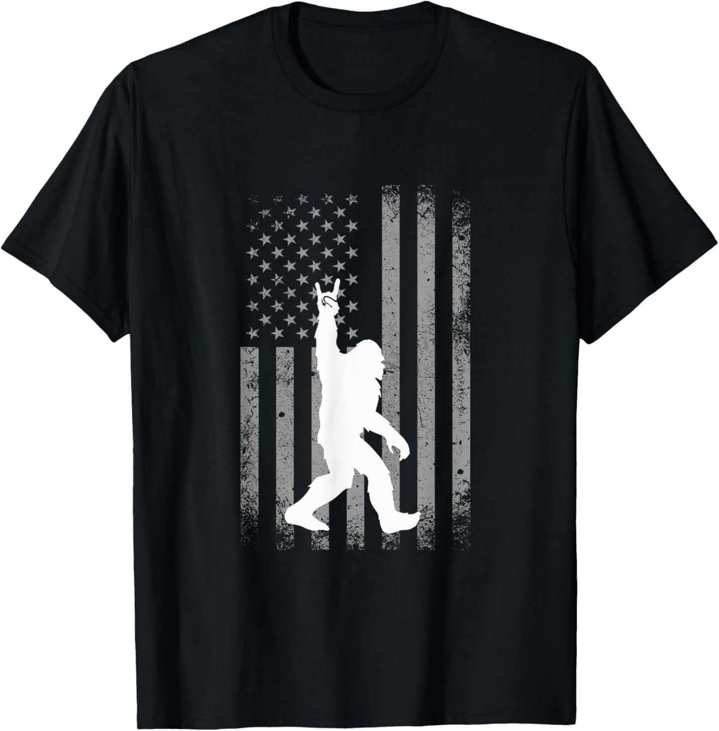 Distressed USA American Flag Bigfoot Rocking Hand Walking T-Shirt for Women Men
