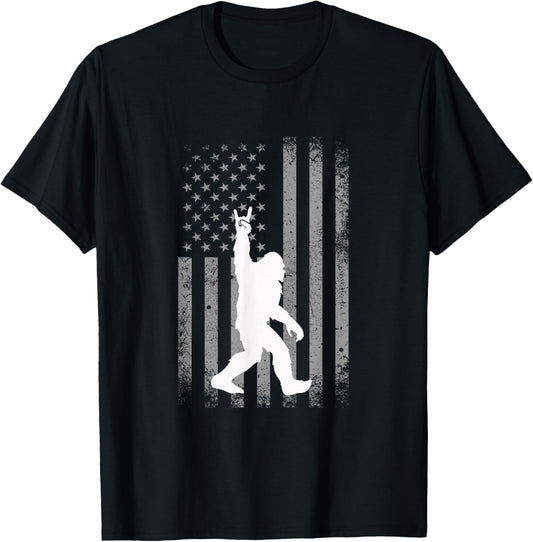 Distressed USA American Flag Bigfoot Rocking Hand Walking T-Shirt for Women Men