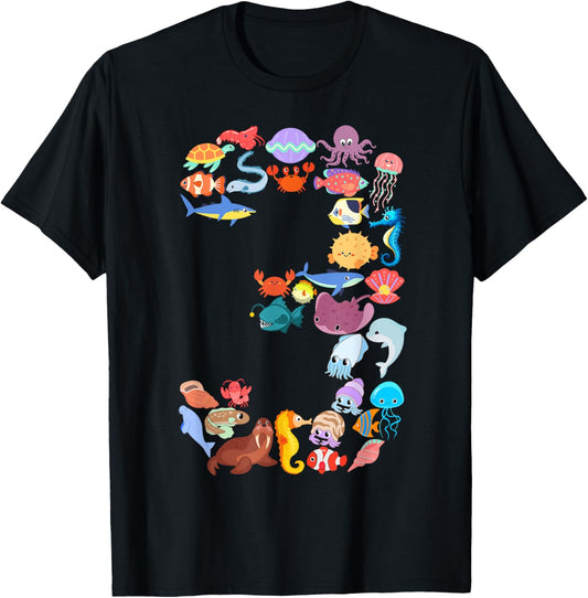 Kids 3rd Birthday Ocean Sea Animals Themed 3 Year Old Boy T-Shirt