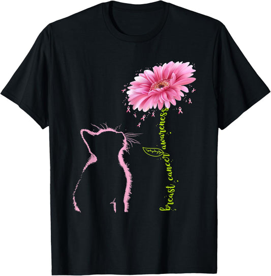 Breast Cancer Awareness Pink Ribbon Daisy Flower Cat Lovers T-Shirt