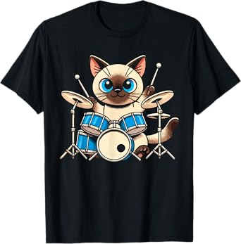 Siamese Cat Playing Drums Music Lover T-Shirt for Men Women Kids