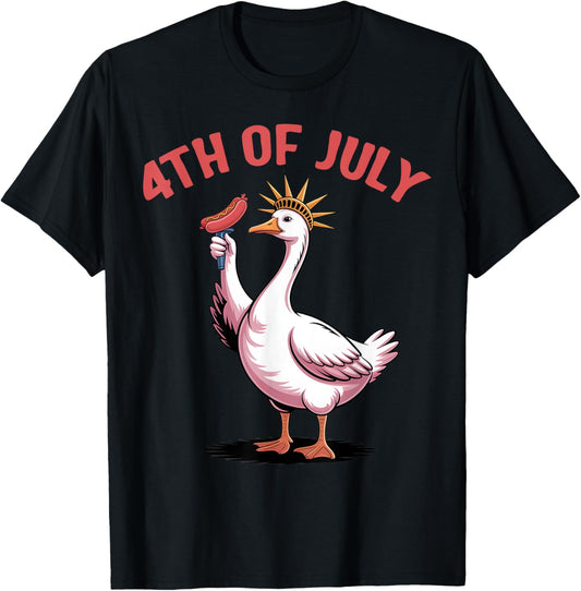 Funny 4th of July Goose Patriotic Hot Dog Statue of Liberty T-Shirt