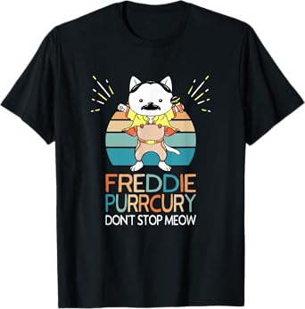 The Purrrfect Cat Store Don't Stop Meow Freddie Purrcury Funny Cat Music Pun Gift T-Shirt - Black, Unisex-Adults/Kids, Short Sleeve, Classic Fit, Small