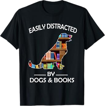 Easily Distracted By Dogs & Books Funny Golden Retriever T-Shirt