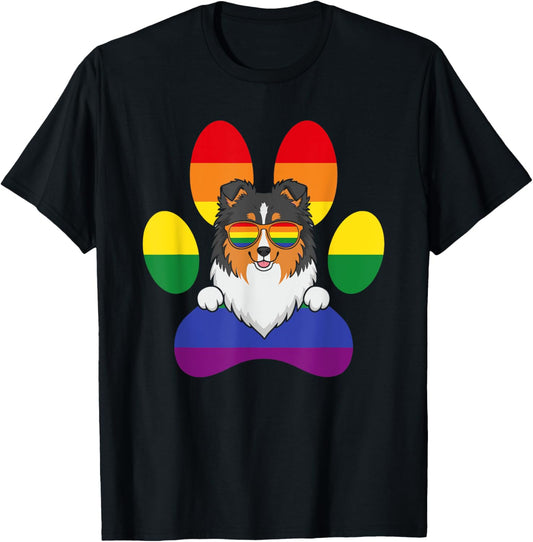 LGBT Shetland Sheepdog Rainbow Dog Paw Lesbian Gay Pride T-Shirt