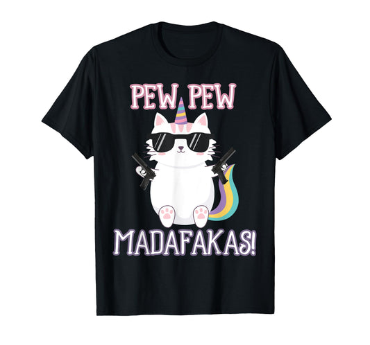 Cat Unicorn Pew Pew Madafakas Vintage Crazy Funny Graphic T-Shirt for Men Women