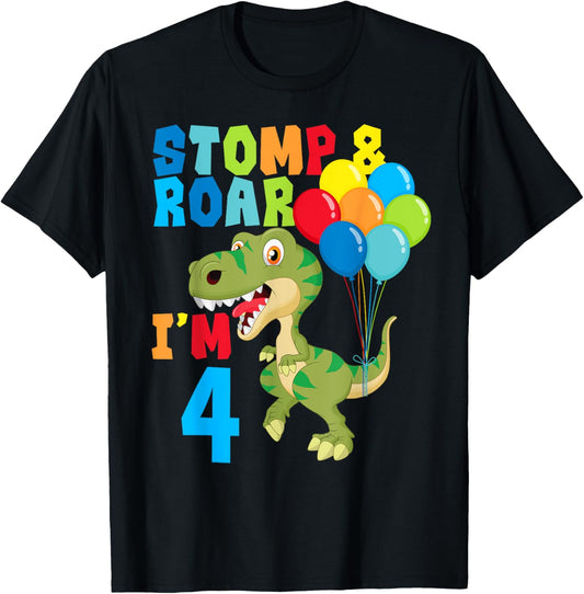 4th Birthday Shirt For Boys Dinosaurs Stomp & Roar I'm 4 T-Shirt