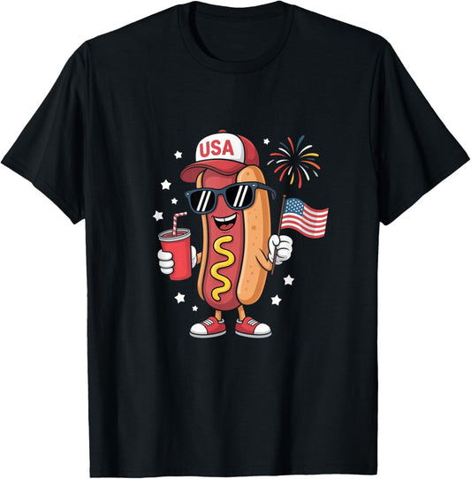 4th of July Hotdog Funny Fourth of July Patriotic USA Flag T-Shirt