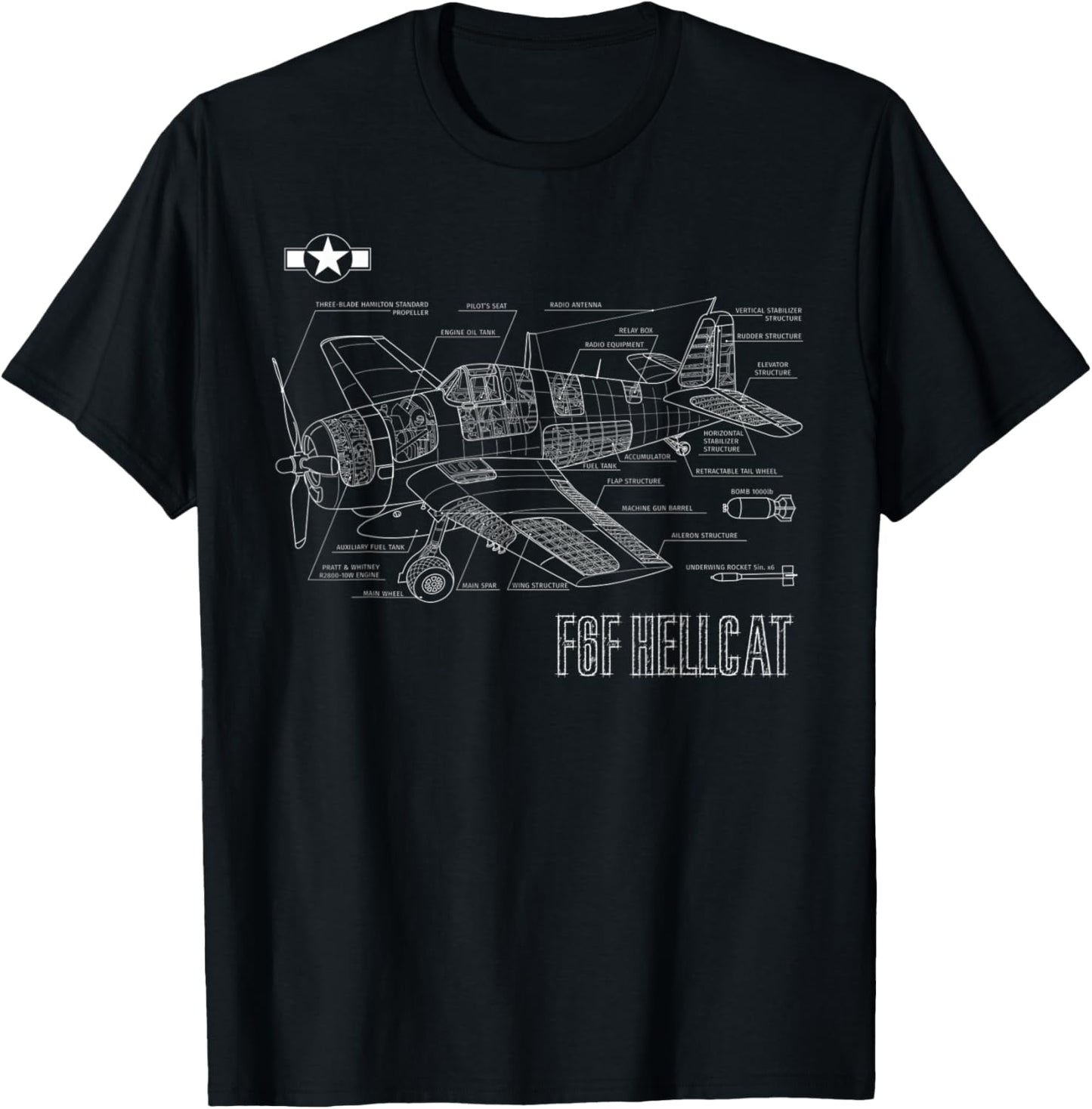 World War 2 F6F Hellcat Fighter Airplane Blueprint T-Shirt