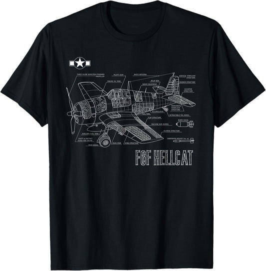 World War 2 F6F Hellcat Fighter Airplane Blueprint T-Shirt