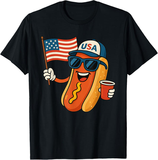4th of July Hotdog Funny Fourth of July Patriotic USA Flag T-Shirt