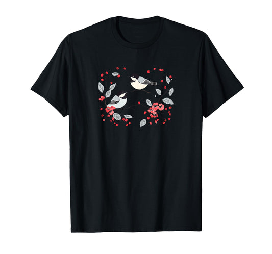 Romantic Chickadees Floral Wreath and Red Berries T-Shirt