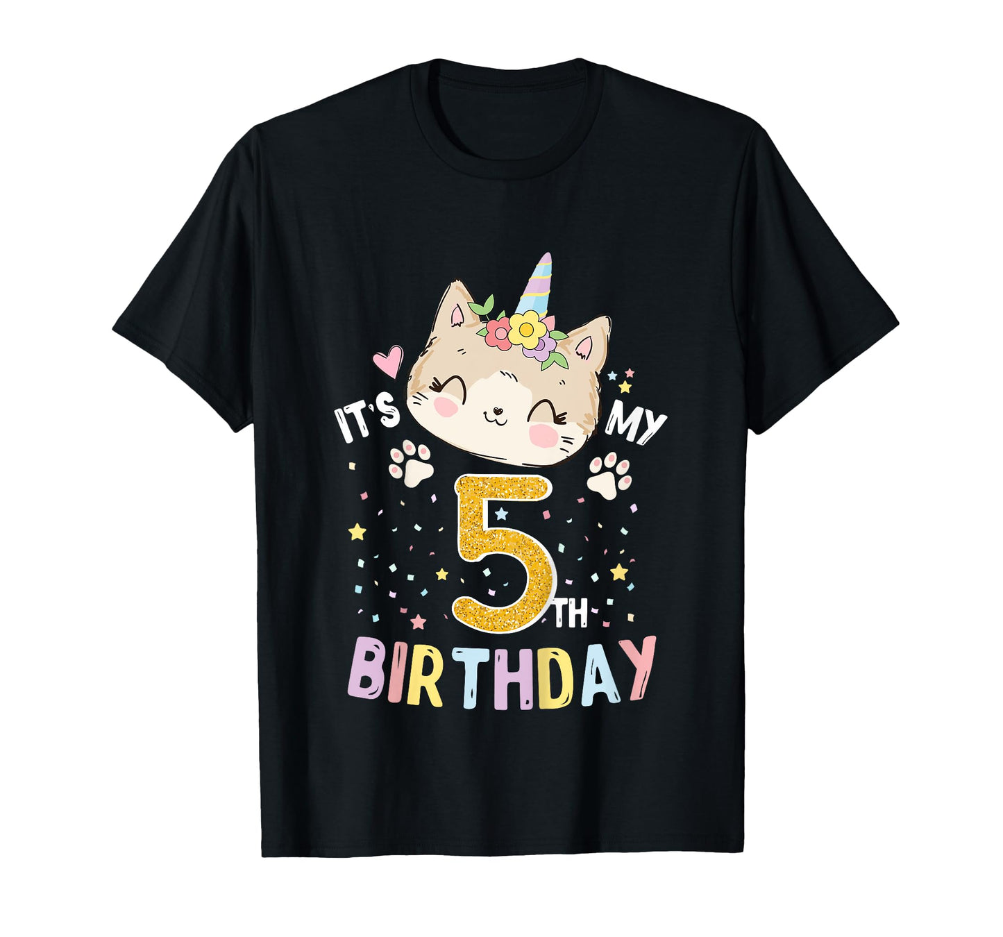 Kids It’s My 5th Birthday Cute Unicorn Cat 5-Year-Old Girl T-Shirt