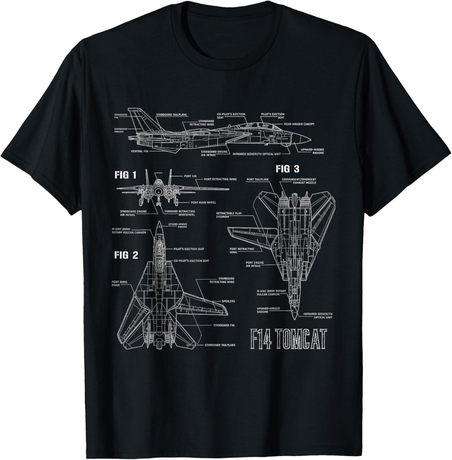 American Aircraft Jet Fighter F14 Tomcat Blueprint T-Shirt, Small, Black