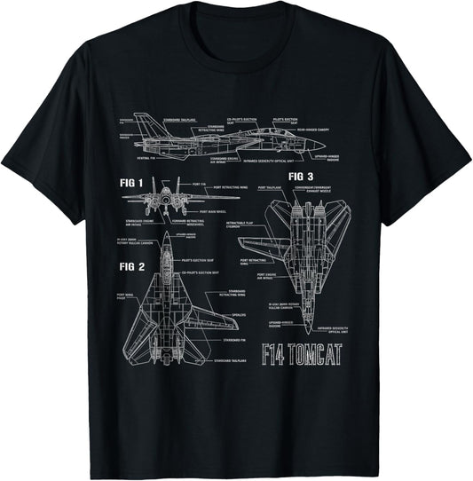 American Aircraft Jet Fighter F14 Tomcat Blueprint T-Shirt, Small, Black