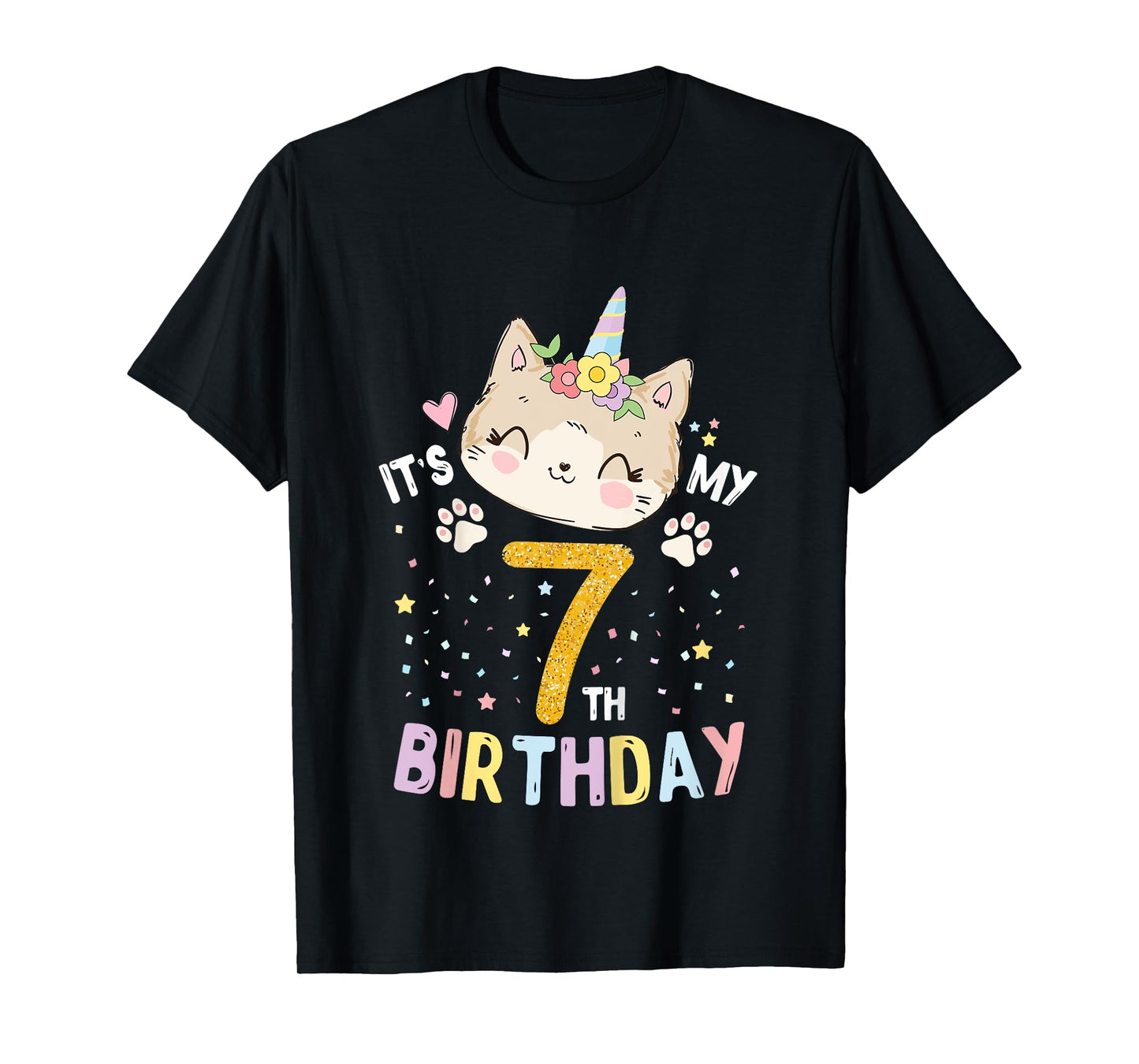 Kids It’s My 7th Birthday Cute Unicorn Cat 7-Year-Old Girl T-Shirt