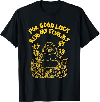 For Good Luck Rub My Tummy T-Shirt - Black, Unisex-Adults, Short Sleeve, Small, Crew Collar, Modern, Cartoon, T Back, Holidays, Men, Novelty T-Shirts