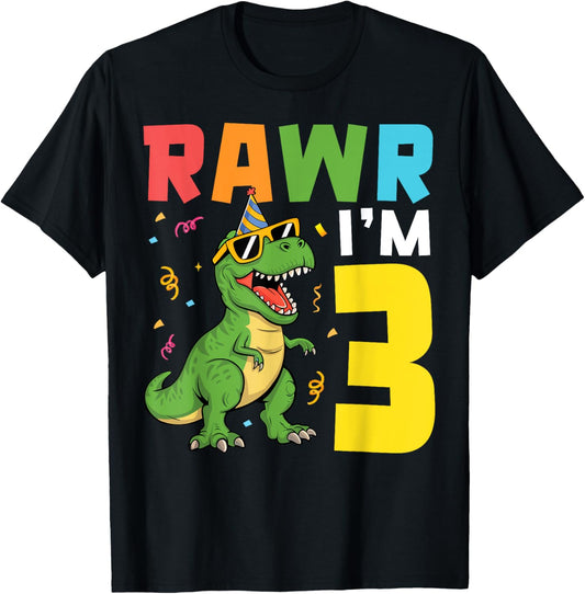 Three Rawr I'm 3 Years Old T Rex Dinosaur 3rd Birthday Boys T-Shirt
