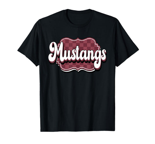 Mustangs Checkered Retro Maroon Mustang Pride School Spirit T-Shirt