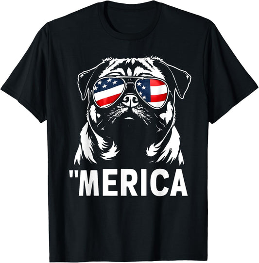 American Flag USA Merica Pug Dog 4th Of July kids women men T-Shirt