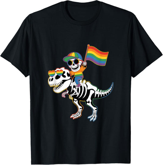 Skeleton Riding Dinosaur T Rex Halloween Glow Vibe Design T-Shirt