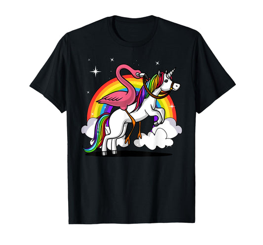 Flamingo Bird Riding Unicorn Magical Rainbow Kids Girls T-Shirt