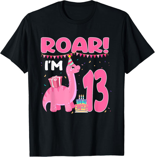 Roar I'm 13 Year Old Dinosaur Girl 13th Birthday Party T-Shirt