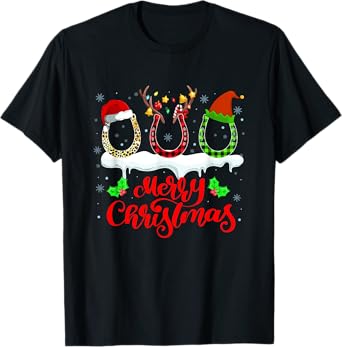 Christmas Horseshoe Shirt Leopard Plaid Santa Hat Horse Xmas T-Shirt