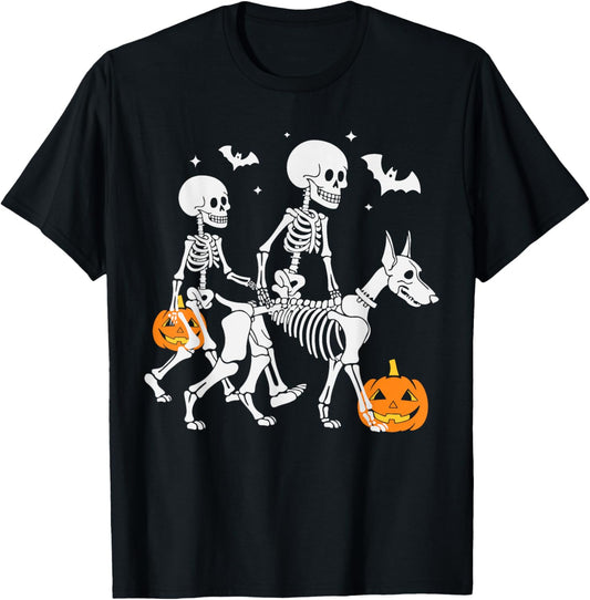 Halloween Skeleton Walking Doberman Dog T-Shirt