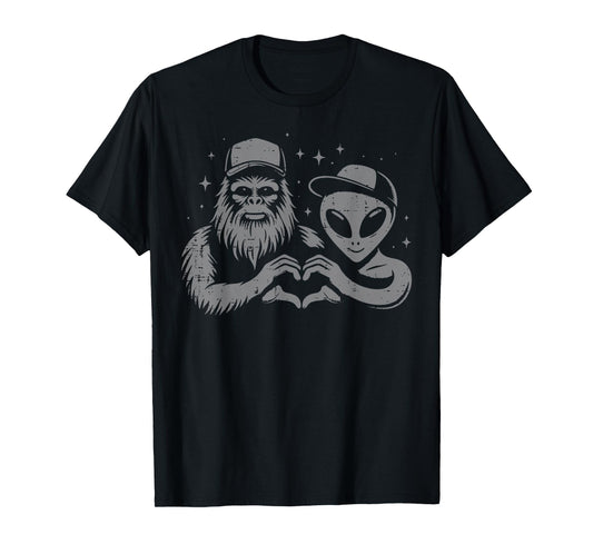 Bigfoot Sasquatch Alien Heart Selfie Funny Men Women Kids T-Shirt