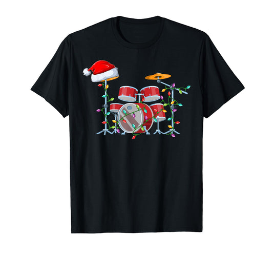 Xmas Lights Santa Hat Musical Drum Christmas T-Shirt