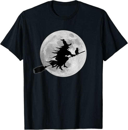 Flying Witch On Broomstick Halloween Full Moon Black Cat T-Shirt