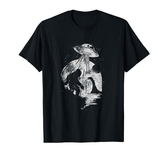 Bigfoot And Loch Ness Monster Being Abducted By A UFO T-Shirt
